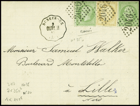 N°35, 2 pièces + 59 obl GC 2046 + CAD convoyeur-station "Dunkerque Dunk H" sur lettre pour Lille. TB