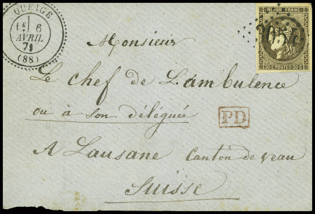 N°47 30c brun obl 3054 + CAD perlé T24 "Queige (88)" (1871 - ind 17) sur lettre pour la Suisse. TB