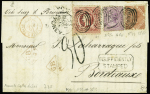 N°25 + 41 + 50 obl ovale "NSW" + CAD "Sydney" (1872) sur lettre pour Bordeaux avec marque d'échange rouge "GB" + taxe 30 façon manuscrite et marque encadrée "Insufficiently paid"