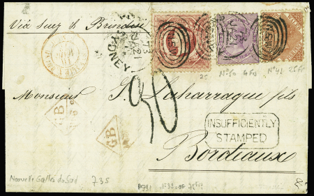 N°25 + 41 + 50 obl ovale "NSW" + CAD "Sydney" (1872) sur lettre pour Bordeaux avec marque d'échange rouge "GB" + taxe 30 façon manuscrite et marque encadrée "Insufficiently paid"