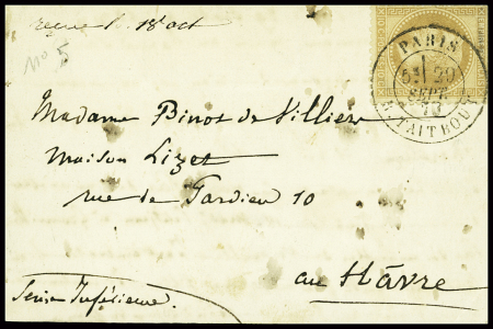 N°28 obl CAD "Paris R. Taitbout" (29 sept 70) sur carte postale de fortune sur carton souple pour Le Havre avec mention manuscrite "reçue le 18 oct" (Le Non Dénommé n°1). TB