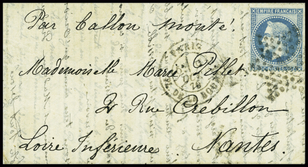 N°29 obl étoile 1 + CAD "Paris PL. de la Bourse" (0 oct 70) sur ballon monté pour Nantes sans arrivée (Le Washington ou Le Louis Blanc). TB