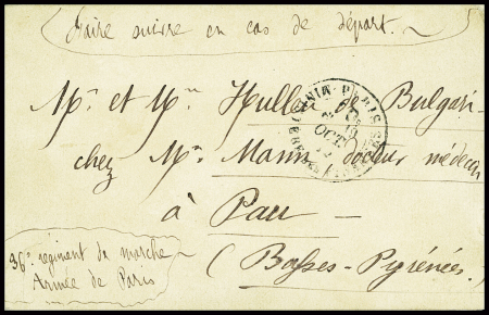 Carte postale avec CAD taxe "30c Ministère des Finances" (19 oct 70) avec mention manuscrite "36e régiment de marche Armée de Paris" pour Pau (Basses Pyrénées) avec arrivée 3 nov