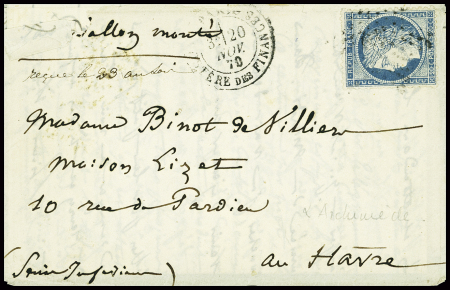 N°37 obl étoile 35 + CAD "Paris Ministère des Finances" (20 nov 70) sur ballon monté pour Le Havre, arrivée 25 nov (L'Archimède). TB