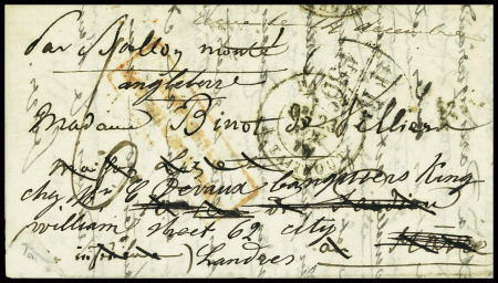 Ballon monté non AFF avec CAD "Paris R. Taitbout" (23 nov 70) pour Le Havre avec taxe manuscrite 6, réexpédiée à Londres avec marque d'échange "FR 1F50c". B/TB (Ville d'Orléans)