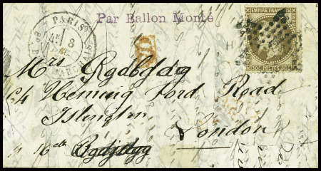 N°30 obl étoile 12 + CAD "Paris Bd Beaumarchais" (8 dec 70) sur ballon monté pour Londres avec arrivée 18 dec (Le Général Renault). TB