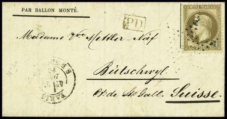 N°30 obl étoile 4 + CAD "Paris R. d'Enghien" (28 dec 70) sur gazette des Absents n°20 pour Butschwyl (Suisse) avec arrivée 8.1.71 (L'Armée de la Loire). TB