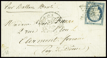 N°37 obl étoile 20 + CAD "Paris R. St DOMque St Gn 53" (6 janv 71) sur ballon monté pour Clermont-Ferrand avec arrivée 18 janv 71 (Le Duquesne). TB