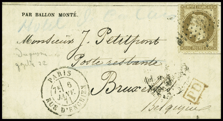 N°30 obl étoile 4 + CAD "Paris rue d'Enghien (6 janv 71) sur Gazette des Absents n°22 pour Bruxelles avec arrivée 11 janv (Le Duquesne). TB
