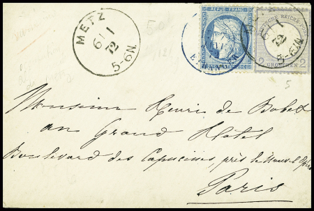 Allemagne n°5 obl CAD "Metz" (6.1.72) + n°60 obl CAD bleu "Paris étranger" sur lettre pour Paris. TB