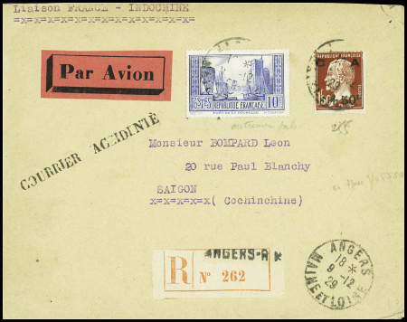 N°255 + 261 obl Angers (9.12.1929) sur lettre recommandée avion pour Saïgon avec griffe noire "Courrier accidenté" (accident de Lasalle, Rebard et Faltot à Syrte Tripolitaine)