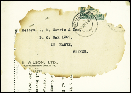 Afrique du Sud PA n°5 obl Port Elizabeth (1931) sur grand fragment d'env brûlée attaché à une notice ronéotypée des PTT (accident de l'avion Port Elizabeth - Cape Town le 13 nov 1031)