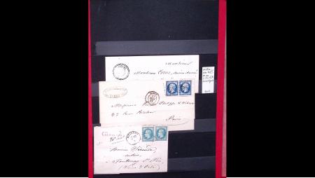 Lot sympathique et varié de lettres contenues dans un classeur rouge et un album bleu : lettres classiques dont taxées. Forte partie 20ème siècle dont Palmiers sur lettres