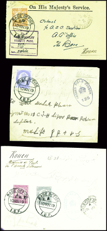 3 lettres AFF timbres d'Inde anglaise surchargés "IEF" obl grand CAD "Base office IEF" (1919 troupes indiennes en France) et 8 lettres de la Grève des postes de 1974 avec cachets