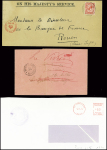3 lettres AFF timbres d'Inde anglaise surchargés "IEF" obl grand CAD "Base office IEF" (1919 troupes indiennes en France) et 8 lettres de la Grève des postes de 1974 avec cachets