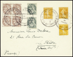 N°107A en paire + 108 en bloc de 4 + 158, 3 pièces obl cachet noir type 2 "Republique française résidence de France iles Kerguelen" sur lettre pour Le Havre (courrier Delore de 1922)