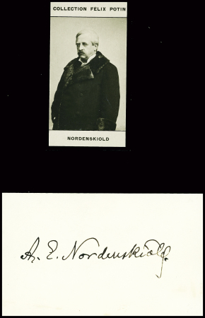 Carte de visite avec signature autographe "AE Nordenskjold" et image Félix Potin représentant Nordenskjold. TB