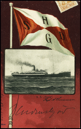 Uruguay n°144 (replié) obl CAD "Montevideo Uruguay agencia maritima" (14.12.1903) sur carte postale représentant le paquebot Tijuca qui ramena l'expédition suédoise de Nordenskjold