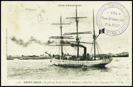 Carte postale "Saint Malo le Pourquoi Pas (GM n°4796) AFF n°243 obl Paramé (1934) avec cachet violet "Mission officielle française de l'année polaire 1932 - 1933 191 rue saint Jacques Paris"