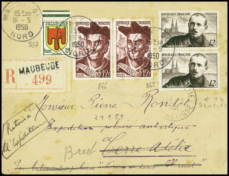 France n°837 + 865 en paire + 866 en paire obl Maubeuge (18.9.50) sur lettre pour la terre Adelie via le navire CDT Charcot avec au verso CAD de transit Brest (20.9.1950)