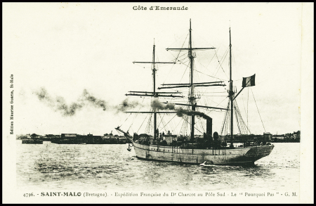 Carte postale "Saint Malo - expédition française du Dr Charcot au Pôle Sud - Le Pourquoi Pas" (GM 4796) avec au verso 3 lignes manuscrites et signature autographe de Jean Charcot