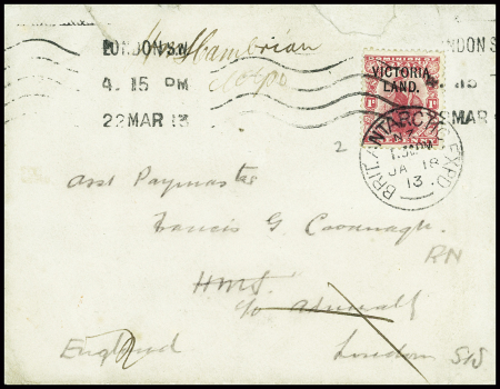 Terre de Victoria n°2 obl CAD "Brit Antarctic expd" (18.11.1913) sur lettre avec au verso sceau rond noir "British antarctic expedition - Terra Nova RYS" arrivée Londres au recto