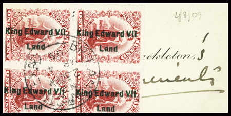 Terre d'Edouard VII n°1 en bloc de 4 détaché obl CAD "Brit Antarctic Expd" (4.3.1909) + carte de visite de Sir Ernest Shackleton avec 2 mots manuscrits. TB