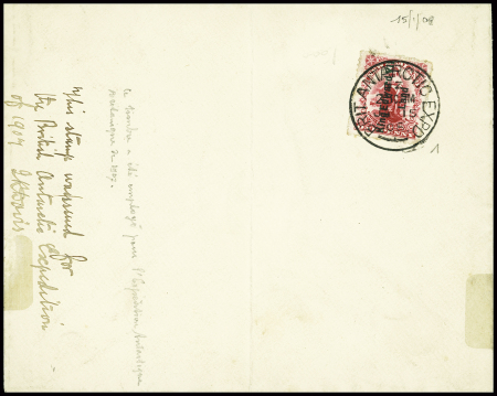Terre d'Edouard VII n°1 obl CAD "Brit Antarctic Expd" (15.1.1908) sur env souvenir avec au verso mention imprimée "British Antarctic Expedition 1907". TB