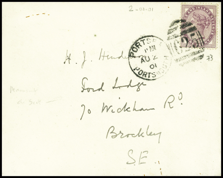 GB n°73 obl CAD duplex "625 + Portsea Portsmouth" (2 aout 1901) sur env avec au verso sceau rond bleu "Discovery Antarctic expedition 1901" écrite par Robert Falcon Scott. TB