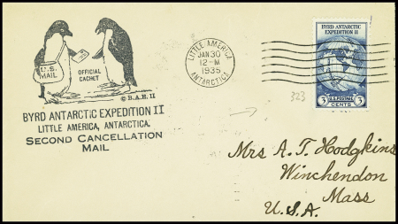 USA n°323 obl mec "little america Antarctica" (30.1.1935)  sur env avec cachet noir illustré de deux manchots "Byrd antarctica expedition II second cancellation mail". TB