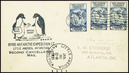USA n°323, 3 pièces, obl mec avec lignes ondulées "Little america Antarctica (30.12.35) sur env avec cachet noir "Byrd Antarctica expedition II second cancellation mail"