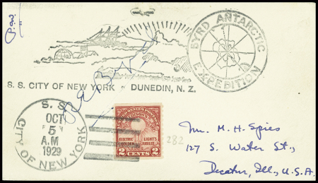 USA n°282 obl grand CAD avec killer "SS City of New-York" (5 oct 1929) sur lettre avec cachet noir illustré "Byrd Antarctic expedition" et signature autograpge de Byrd. TB