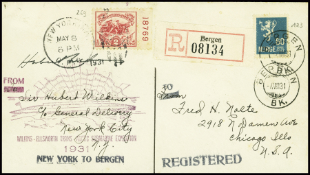 Lettre recommandée avec griffe illustrée violette "Wilkins Ellsworth Arctic submarine expedition 1931" AFF USA n°269 obl New-York (8.5.31) + Norvège n°123 obl Bergen (4.8.31)