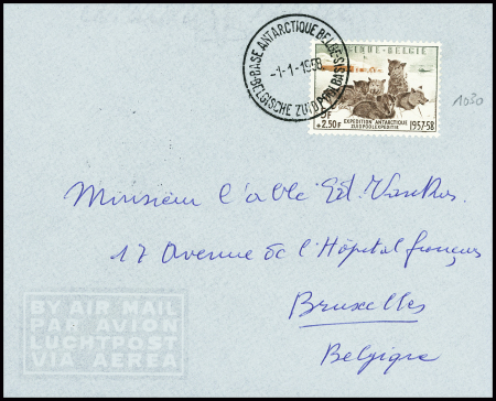 Belgique n°1030 obl CAD "Base Antarctique belge belgische zuidpoolbasis (1.1.1958 - avant l'ouverture officielle du bureau le 5.1.1958 les membres de l'expedition n'avaient droit qu'à 2 courriers)