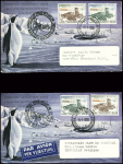 Belgique n°1030 + 1031 obl CAD "Base antarctique belge" (5.1.1958 - inauguration du bureau de poste) sur 2 env illustrées, l'une authentique, l'autre apocryphe adressée au Philatelic club