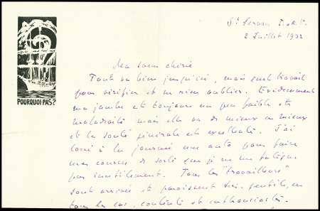 Correspondance de deuil à en-tête illustrée du Pourquoi Pas? adressée par Charcot à sa sœur chérie le 2.7.1932 : le Pourquoi Pas s'apprête à appareiller pour Scoresby-Sund au Groenland