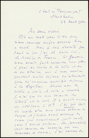 Correspondance datée "A bord du Pourquoi Pas? Stockholm le 23 aout 1930". Charcot y prépare l'année polaire 1932 - 1933 et évoque la découverte du corps de l'explorateur Andrée