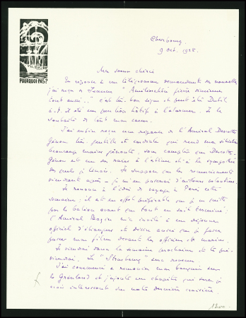 Correspondance bordée de noir avec illustration en noir du Pourquoi Pas? Datée de Cherbourg 9 oct 1928 à sa sœur chérie. Il a été invité par l'amiral Bazier à présenter son film