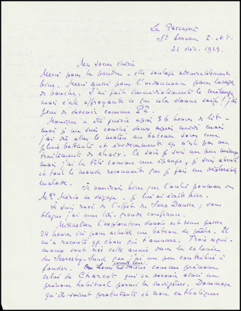 Correspondance de Charcot à sa sœur chérie datée de La Passagère, St Servan 31 dec 1929 : il reçoit l'explorateur Danois Mikkelsen venu acheter un bateau