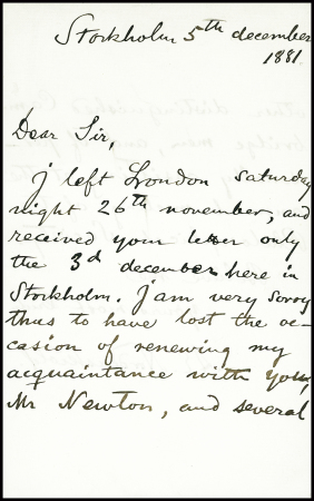 Lettre autographe d'Adolf Eric Nordenskjold écrite le 5 dec 1881 de Stockholm (cet explorateur a découvert en 1878 le passage de nord-est de l'Arctique le long de la Sibérie)
