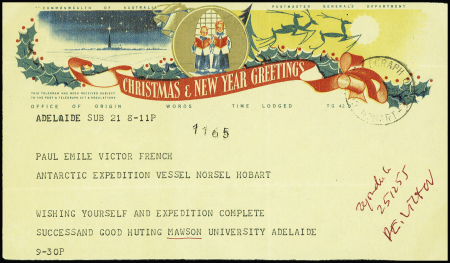 Télégramme de vœux expédié le 21 décembre 1955 par l'explorateur australien sir Douglas Mawson à Paul Emile Victor alors que ce dernier allait quitter Hobart à bord du Norsel