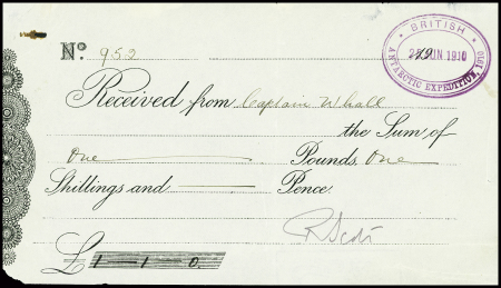 Reçu autographe signé par Robert F. Scott le 25 juin 1910 avec cachet ovale violet "British Antarctic expedition 25 juin 1910". TB