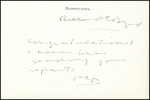 Lettre de félicitations de Byrd (14 juin 1949) à Paul Emile Victor à propos des rapports que ce dernier lui a communiqué (8 lignes dactyl + 4 lignes et signature manuscrites). TB