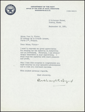Lettre dactylographiée de Byrd à Paul Emile Victor avec signature autographe (19 sept 1951) ("I congratulate  you for your splendid achievements") après les missions des EPF
