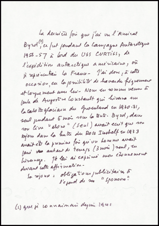 Note manuscrite de PE Victor où il exprime son désaccord devant l'affirmation de Byrd d'avoir été le premier homme à hiverner seul en 1933
