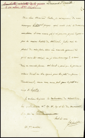 Lettre de Dumont d'Urville non datée au sujet de la correction des épreuves d'un texte. TB