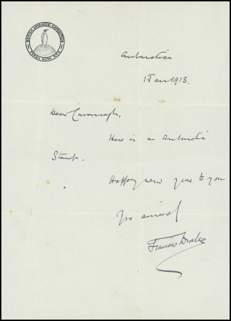 lettre autographe de Francis Drake sur papier à lettre à en-tête illustrée d'un manchot "British antarctic expedition Terra Nova RYS. TB
