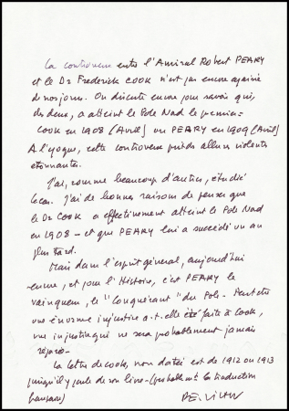 Note manuscrite de Paul Emile Victor à propos de la controverse entre Peary et Cook dans laquelle il estime que Cook a atteint le premier le Pole Nord en avril 1908, avant Peary en avril 1909