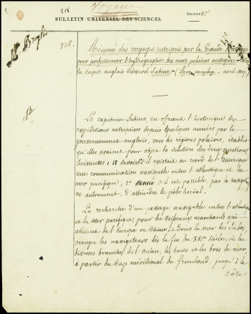 Résumé manuscrit de 15 pages des voyages entrepris par la Grande Bretagne pour perfectionner l'hydrographie des mers polaires arctiques (lettre du capitaine anglais Edward Sabine)