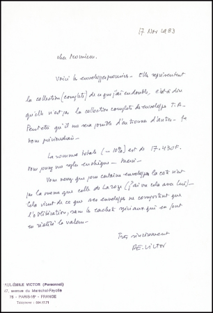 Lettre manuscrite de Paul Emile Victor de 4 pages proposant les doubles de sa collection d'env souvenirs avec descriptions et cote Laroze (17 nov 1983). TB